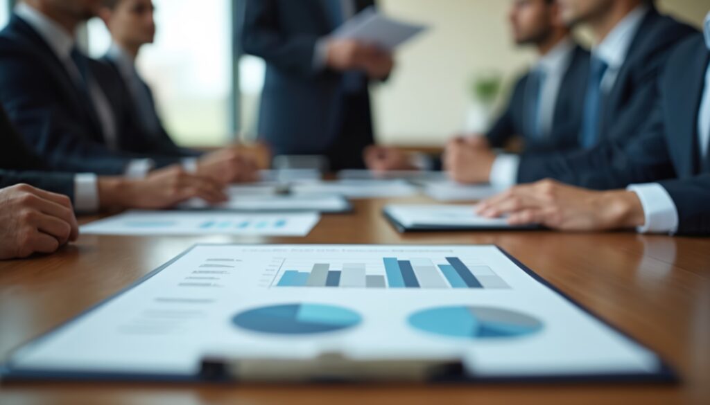 Boardroom meeting, CFO presents comprehensive cash flow analysis report. Strategic financial presentation, business people, economic data overview