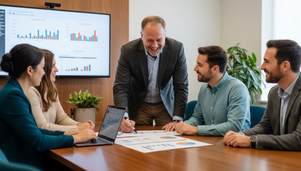 A diverse group of professionals in a meeting room, smiling and discussing charts on a table. A screen shows colorful graphs. Collaborative, positive atmosphere.