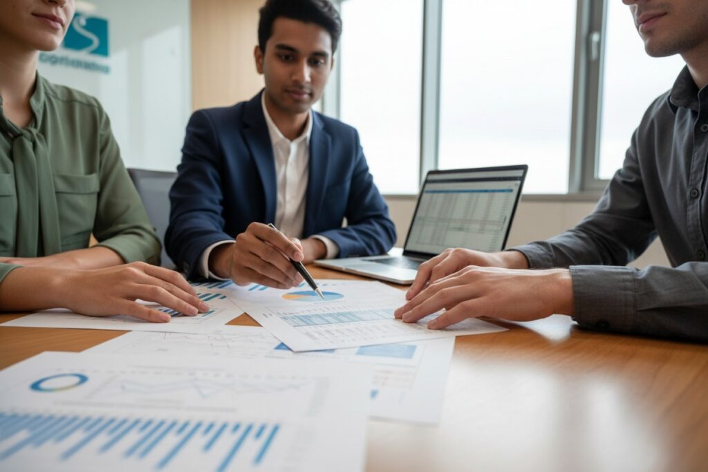 Three people in a meeting room discuss charts and graphs spread on a table. One points at a paper with a pen, indicating analysis. A laptop is open.