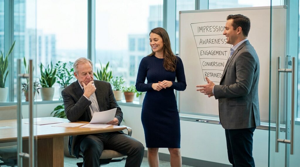 A business meeting in a modern office. A man, seated and thoughtful, reviews documents while listening to a smiling woman and another man near a whiteboard with marketing terms.
