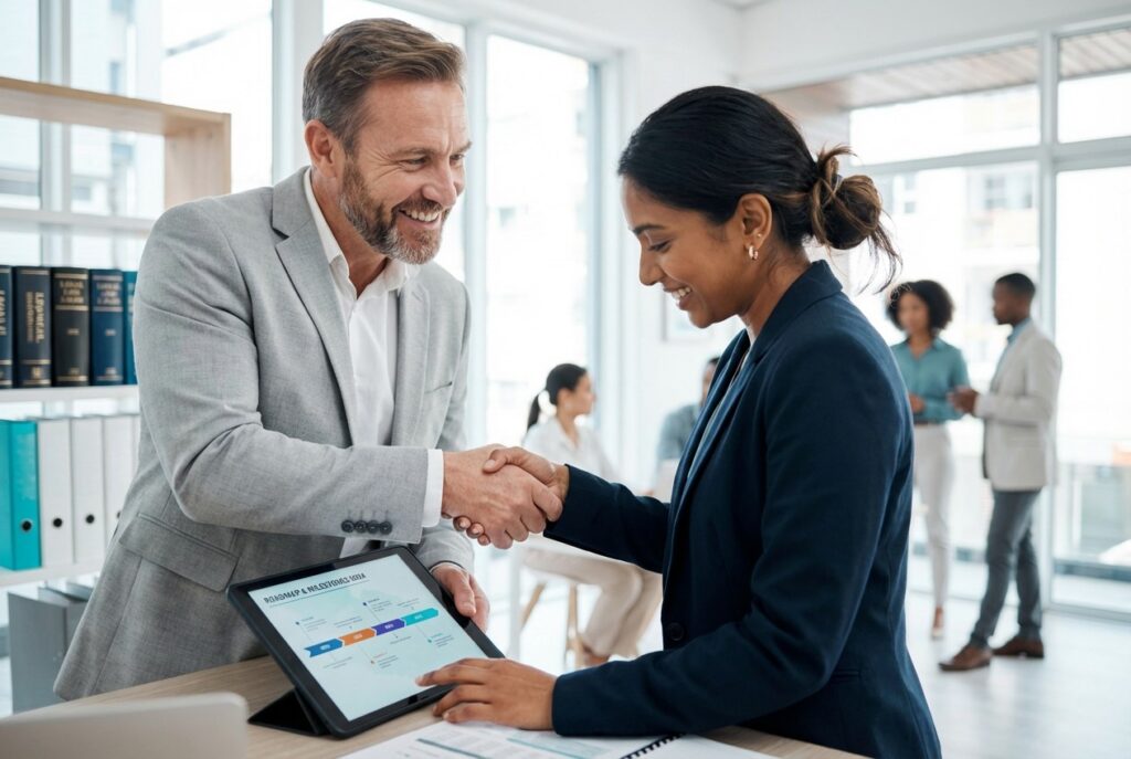 A man and woman in business attire shake hands, smiling in a bright office. A tablet with charts is on the desk. Colleagues converse in the background.
