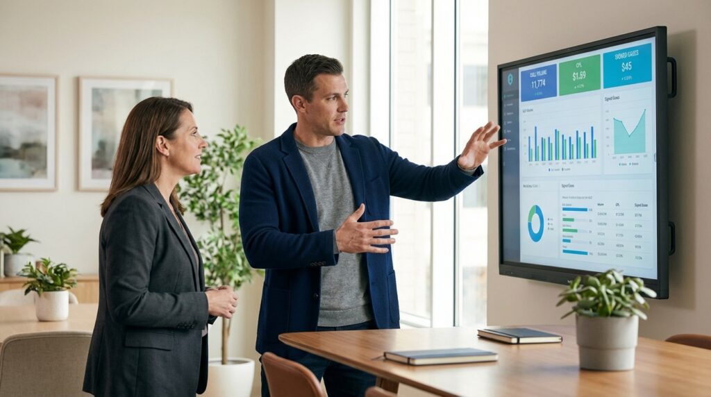 Two professionals discuss data charts on a wall-mounted screen in a modern office with plants and notebooks.