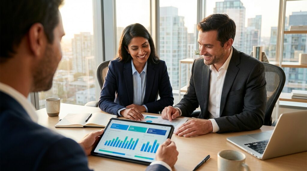 Three colleagues in a meeting room, two smiling and discussing while one shows charts on a tablet. Bright cityscape visible through large windows.