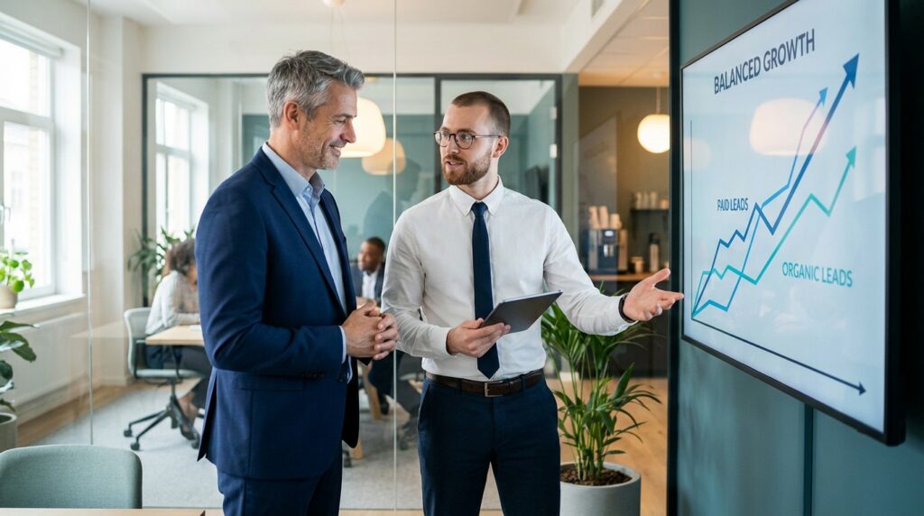 Two businessmen in an office discuss a growth chart on a screen. One man gestures at the chart, showing upward trends, suggesting optimism and collaboration.