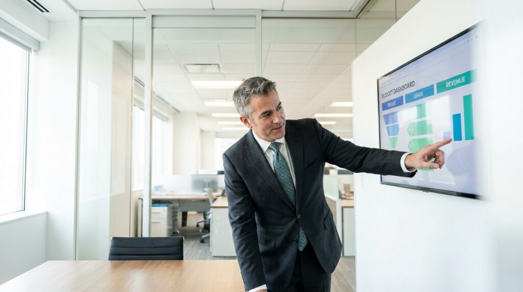 Businessman in suit pointing to a revenue growth bar chart on a screen in a modern office meeting room.