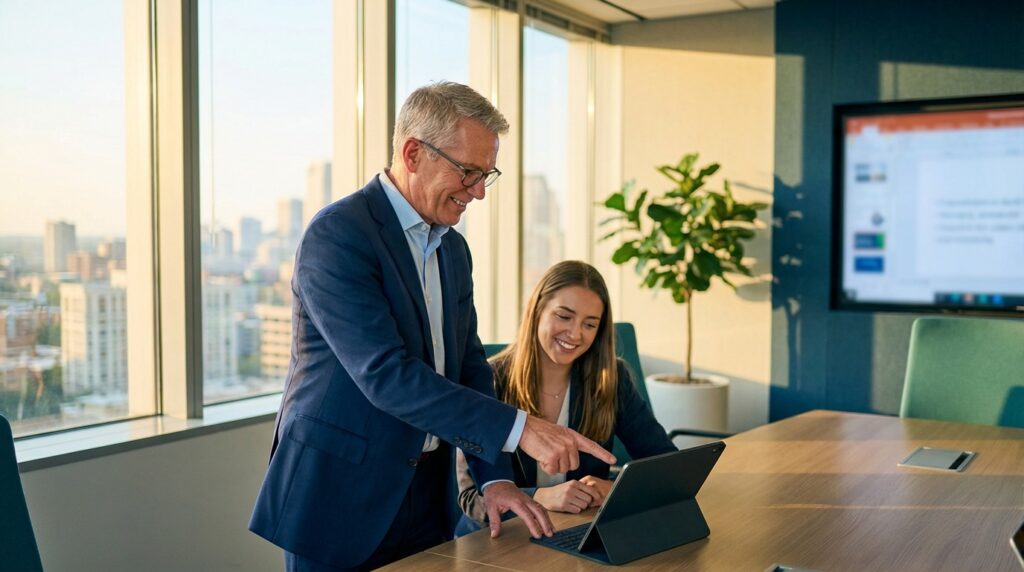 A man and woman in a bright office, smiling and engaging with a tablet. A cityscape is visible through the window, and a large screen displays a presentation.