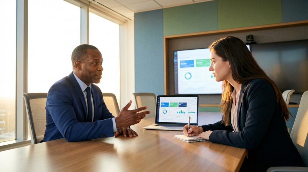A man and a woman in business attire sit across a conference table, discussing data on a laptop. The setting is modern and professional.