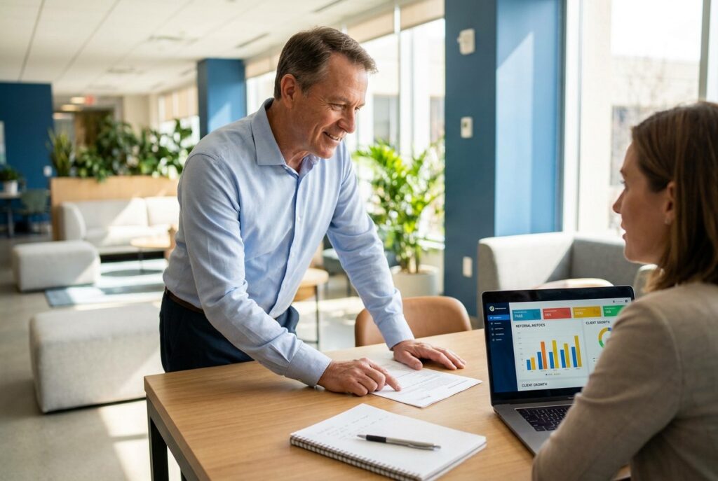 Two professionals in an office discuss a report and financial charts displayed on a laptop at a wooden table.