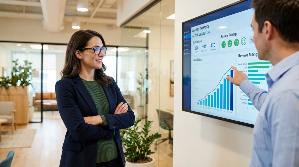 Two colleagues discuss data on a wall-mounted screen in a modern office. The screen shows graphs and performance metrics. Both appear engaged and focused.