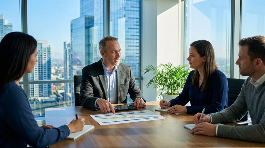 Four people in formal attire are engaged in a serious discussion around a conference table in a high-rise office with large windows overlooking a cityscape.