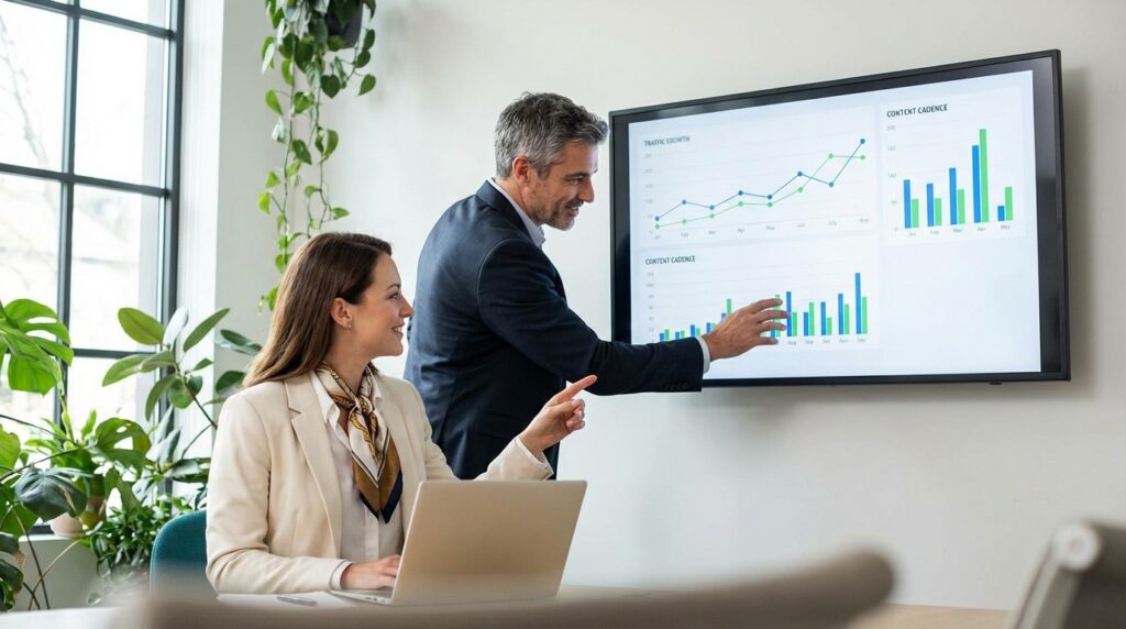 A man in a suit presents growth charts on a wall screen to a woman using a laptop. They're in a bright office with plants, discussing data.