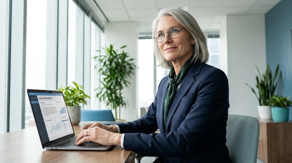 Elderly woman in business attire sits at a desk with a laptop displaying data graphs. She is in a modern office with large windows and plants, looking confident.