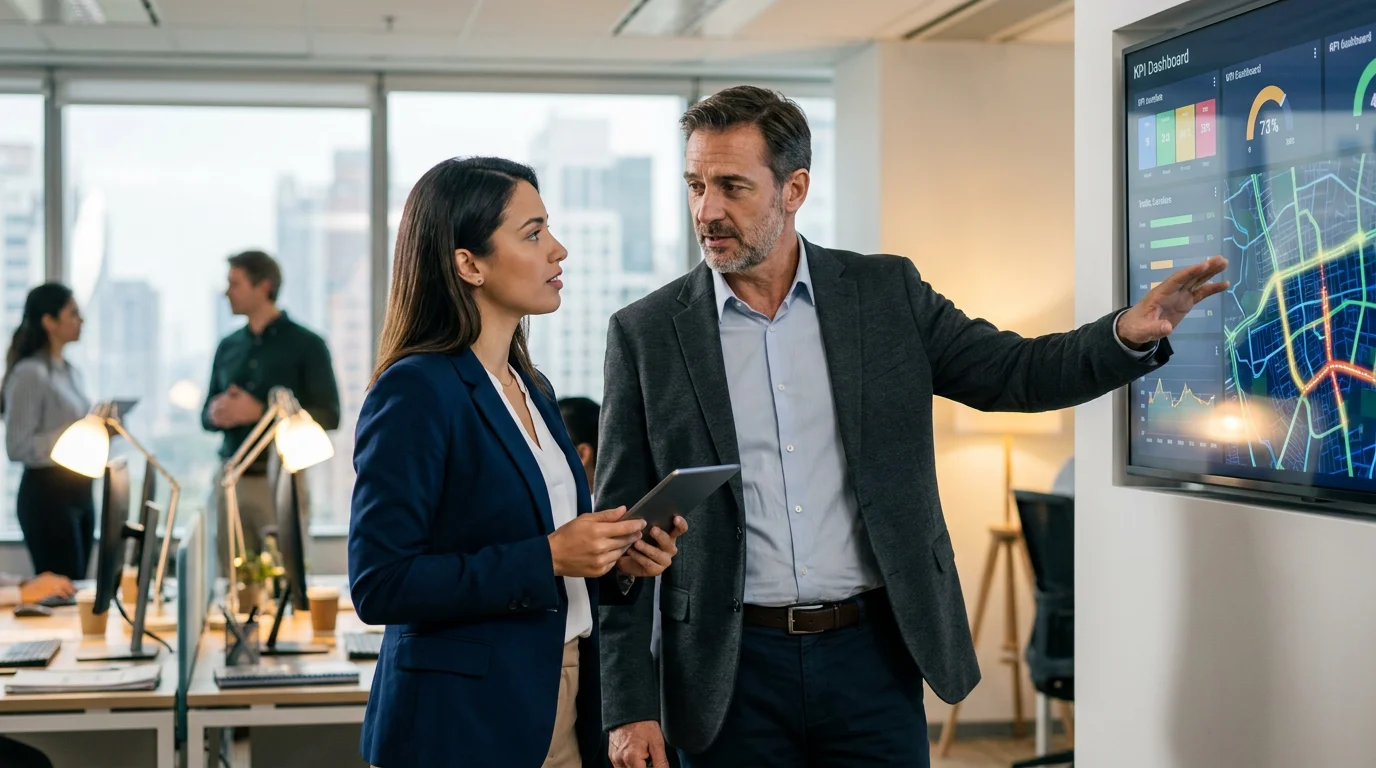 A man and a woman are discussing data displayed on a screen in an office environment. The man points at the screen while the woman holds a tablet, both engaged in the conversation. In the background, there are other people working at desks with modern office furnishings.