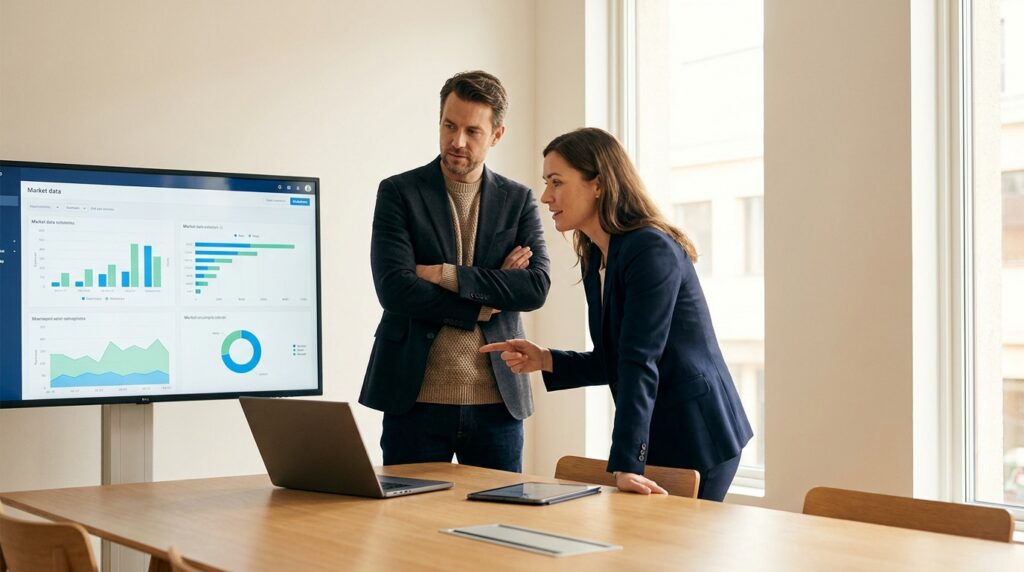 Two law-firm leaders review market-performance dashboards on a large monitor in a minimalist conference room, showing strategic collaboration and analytical focus during a business discussion.