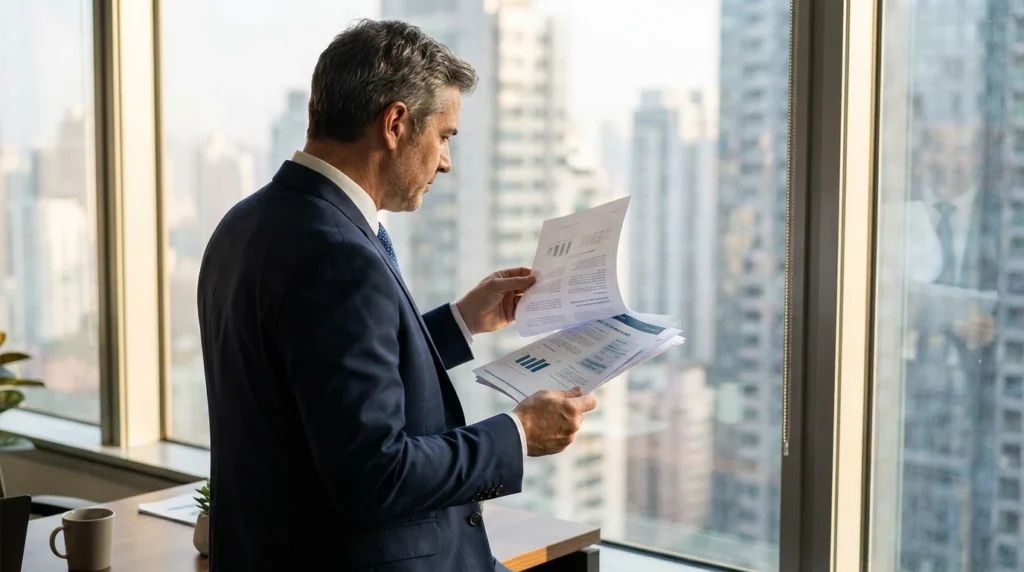 A businessman or corporate executive in a navy blue suit standing by a high-rise office window, reviewing financial charts and marketing reports with a cityscape background.