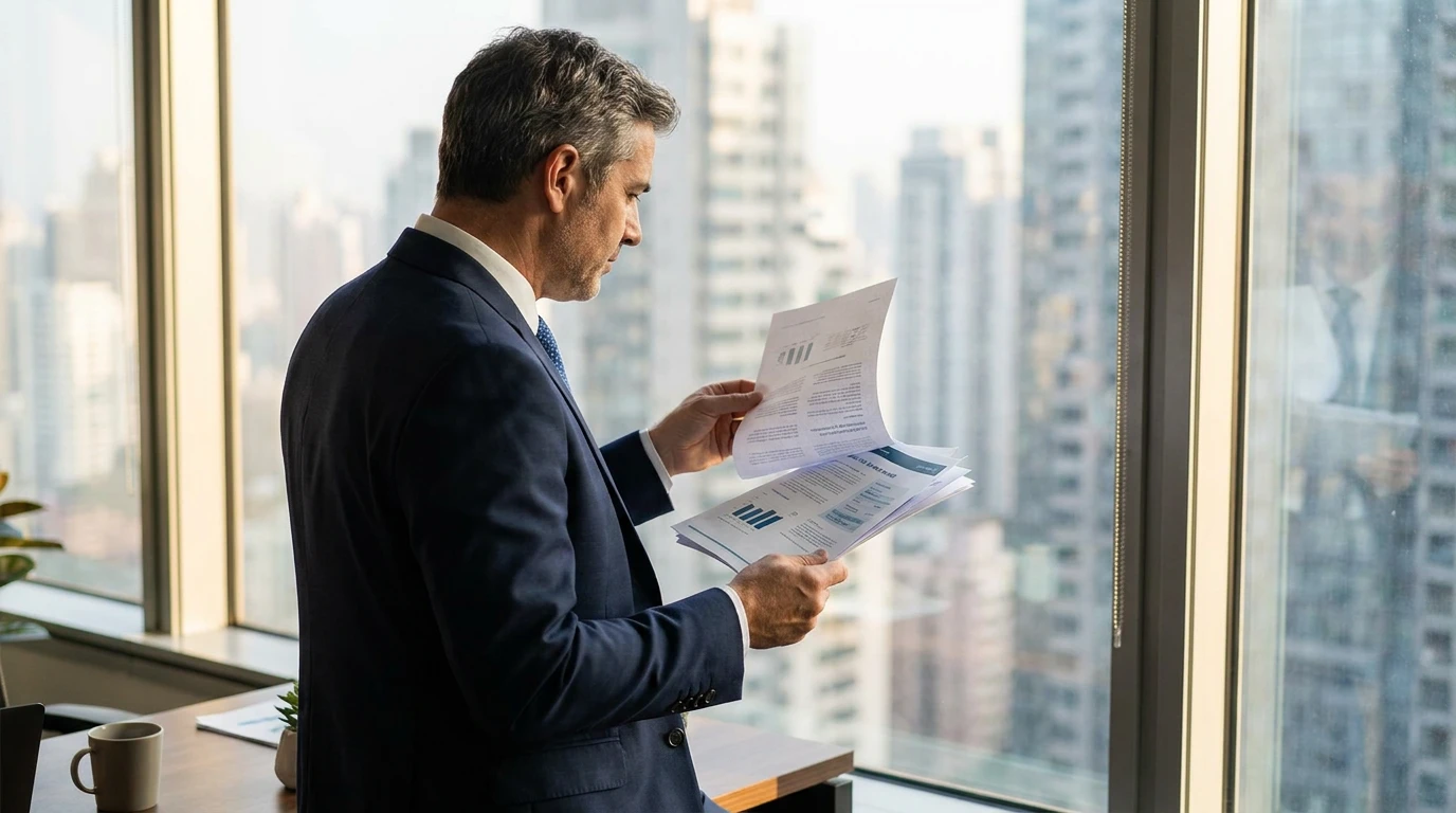 A businessman or corporate executive in a navy blue suit standing by a high-rise office window, reviewing financial charts and marketing reports with a cityscape background.