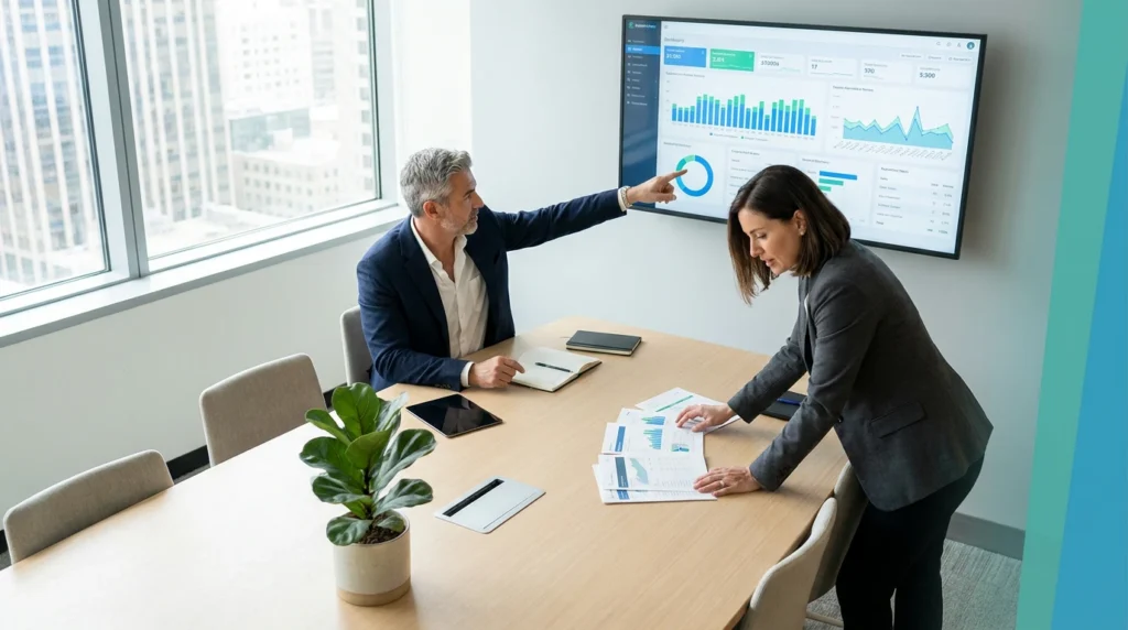 A businessman sitting at a conference table pointing toward a large wall-mounted monitor displaying a business performance dashboard with data charts, while a businesswoman stands next to him leaning over to review printed analytical reports.