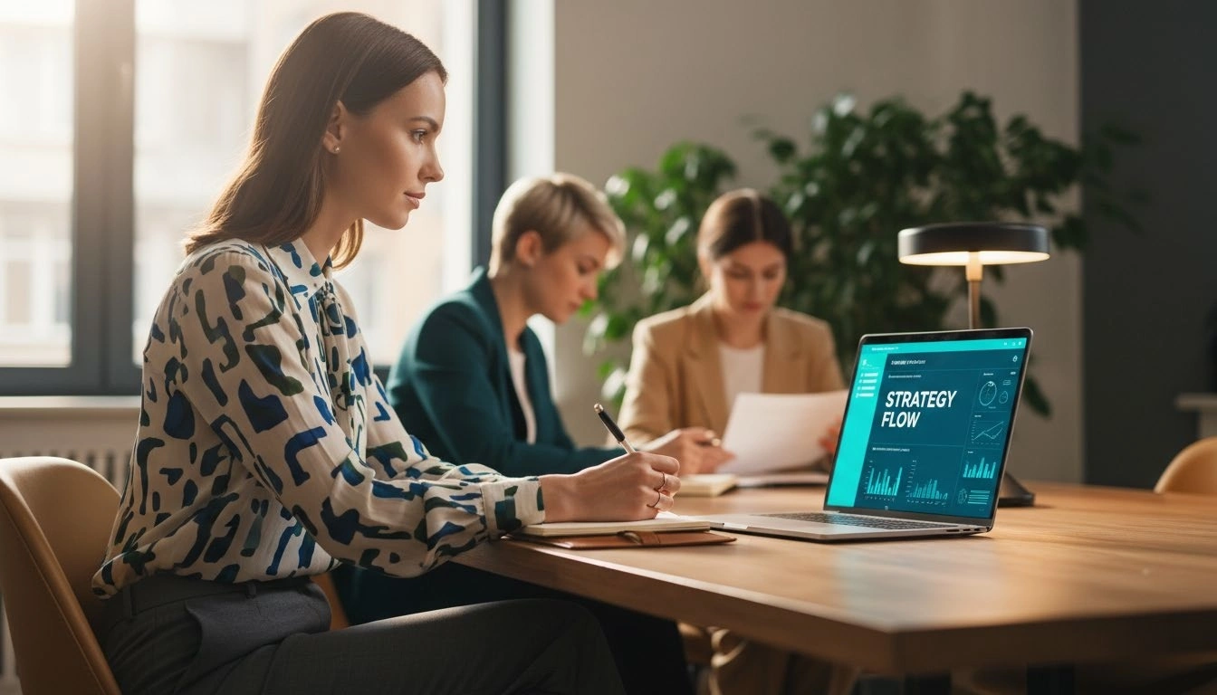 Three businesswomen focused at a table in a modern office. One takes notes, while another views a "Strategy Flow" presentation on a laptop. Collaborative tone.
