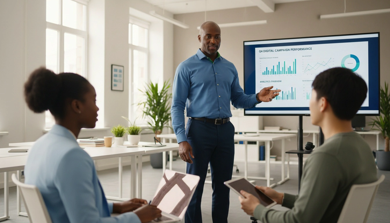 A man in a blue shirt presents data on a digital screen to two seated colleagues with tablets, in a bright office. The atmosphere is professional.