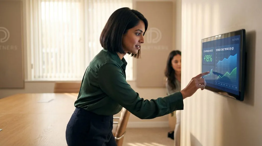 Woman in a green shirt interacting with a wall-mounted touchscreen displaying business charts and an 18% conversion rate increase.