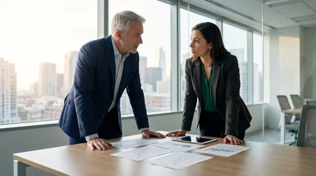 A man and woman in business attire lean over a table with documents. They appear engaged in a serious discussion. A cityscape is visible through large windows.